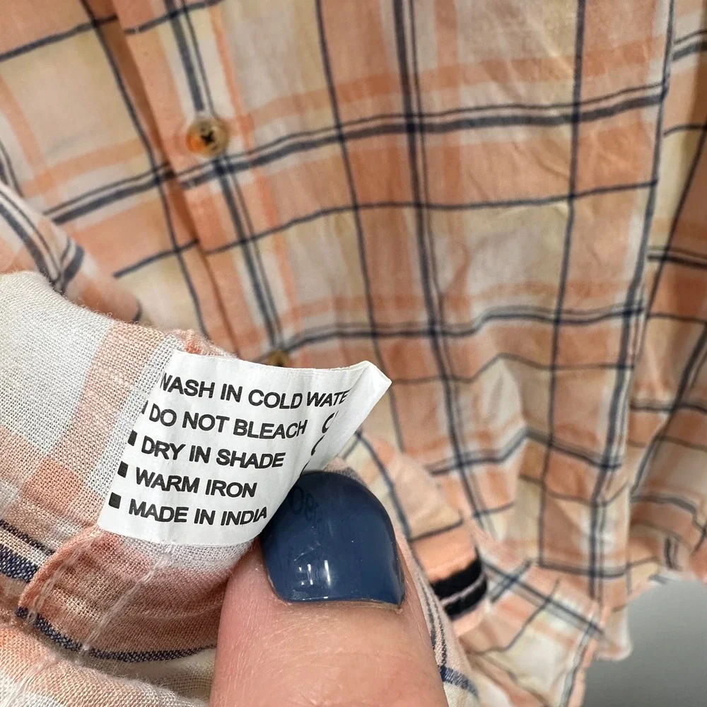 Twill Linen Plaid Peach Orange‎ Button Down Short Sleeve Shirt Mens Medium